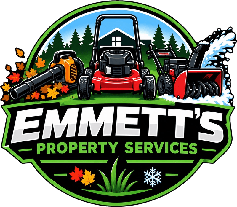 Emmett's Property Services badge: a mower, leaf blower, and snowblower for every season